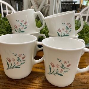 VTG Corningware Rosemarie Pink Tulip D Handle Coffee Mug Set of 6 Cup Floral USA